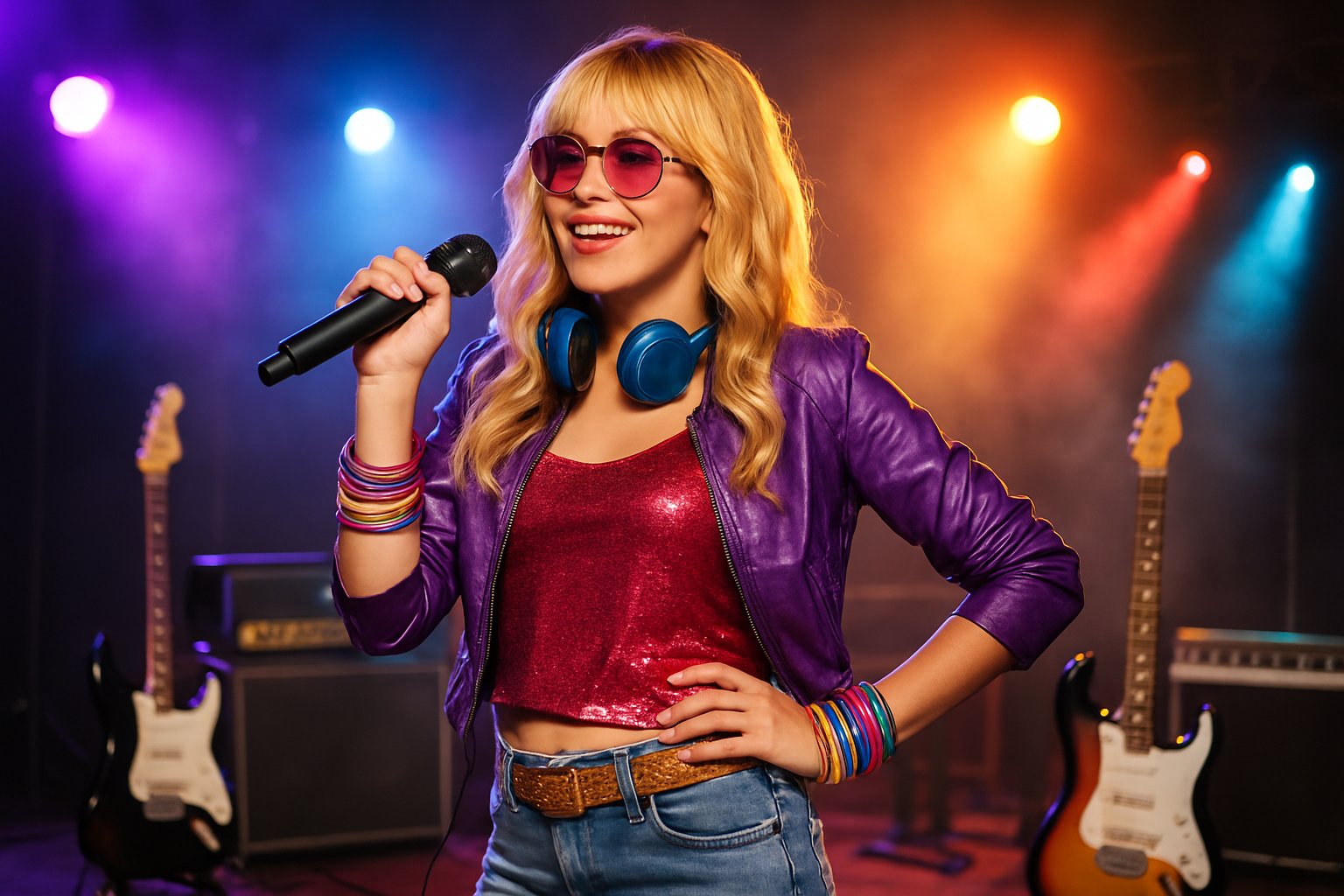 Junge Frau mit Mikrofon auf einer Bühne, umgeben von Musikinstrumenten und bunten Lichtern.